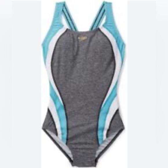Speedo Active Quantum Fusion Splice gray and aqua one piece swimsuit size 4 NWT - Picture 3 of 10